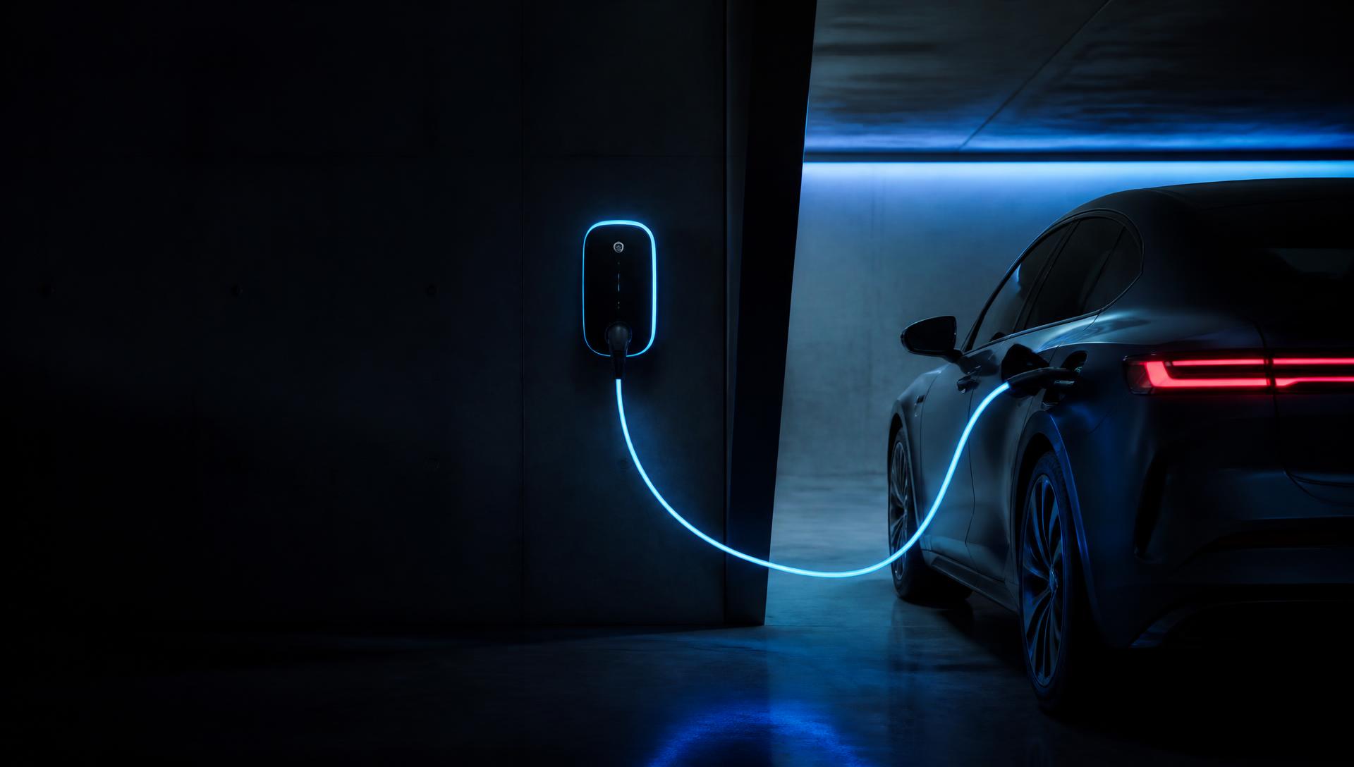 Veículo elétrico conectado a um carregador Wallbox em garagem